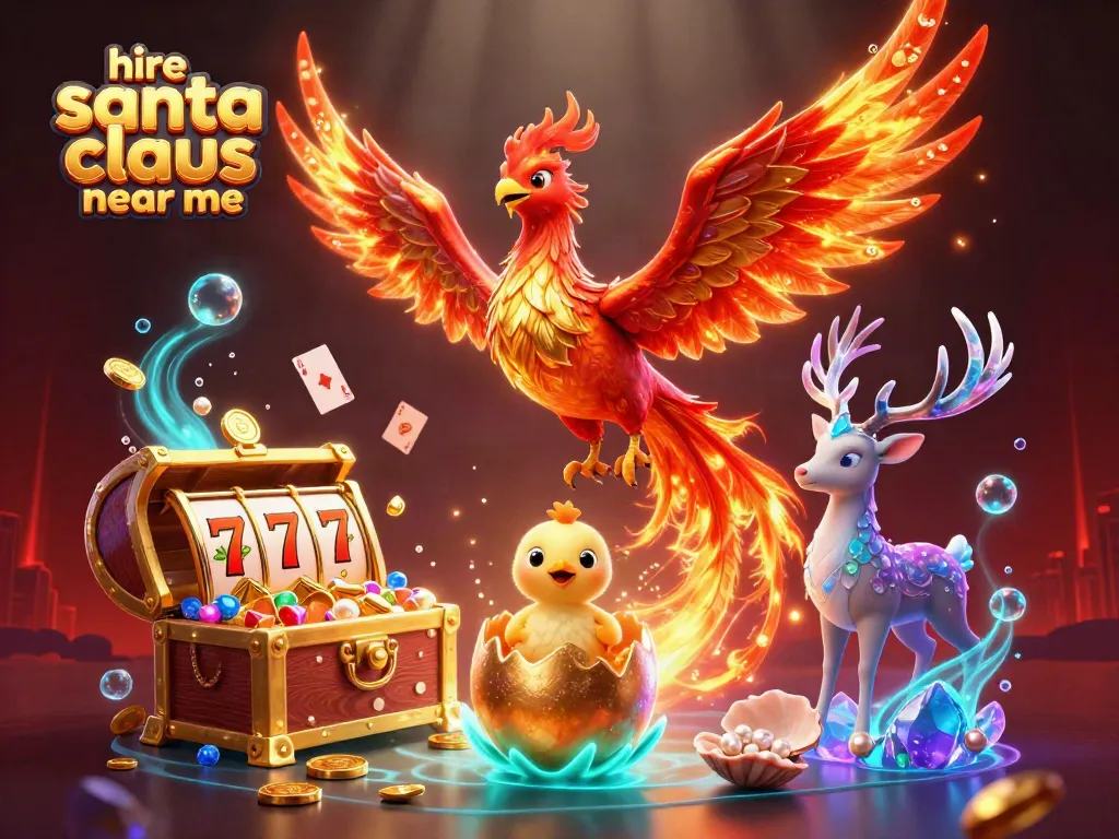 Engage with an enchanting scene featuring a fire phoenix amidst slot reels, representing hire santa claus near me excitement.