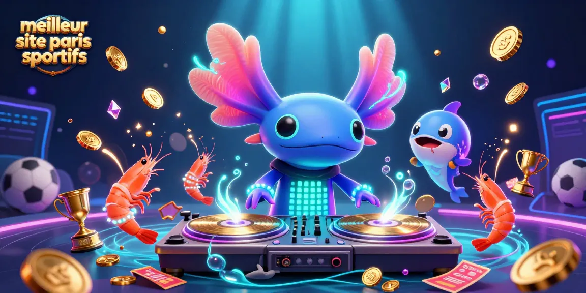 Animation captivante sur le meilleur site de paris sportifs, avec un DJ axolotl et des éléments de sport.