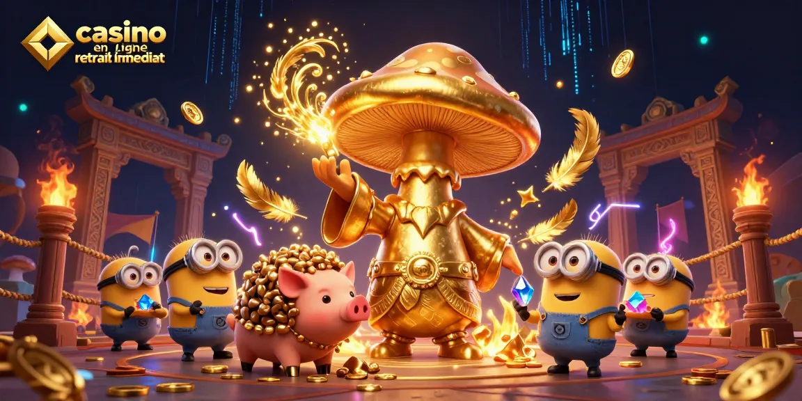 Visuel captivant sur le thème du casino en ligne retrait immédiat avec un sorcier champignon doré et des trésors scintillants.