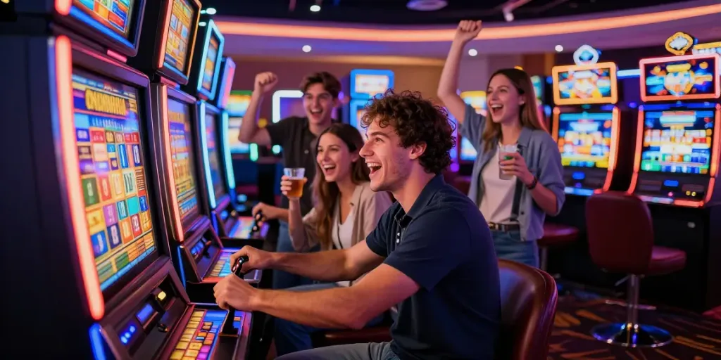 Permainan slot777 yang mengasyikkan di kasino, dengan pemain menarik tuas mesin slot dan teman-teman merayakan kemenangan.