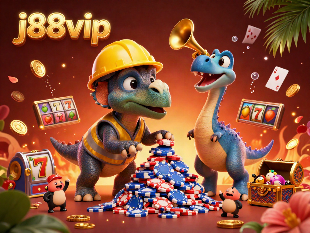 Join the fun at j88 vip casino with playful characters celebrating a jackpot win amidst dynamic slot game elements.
