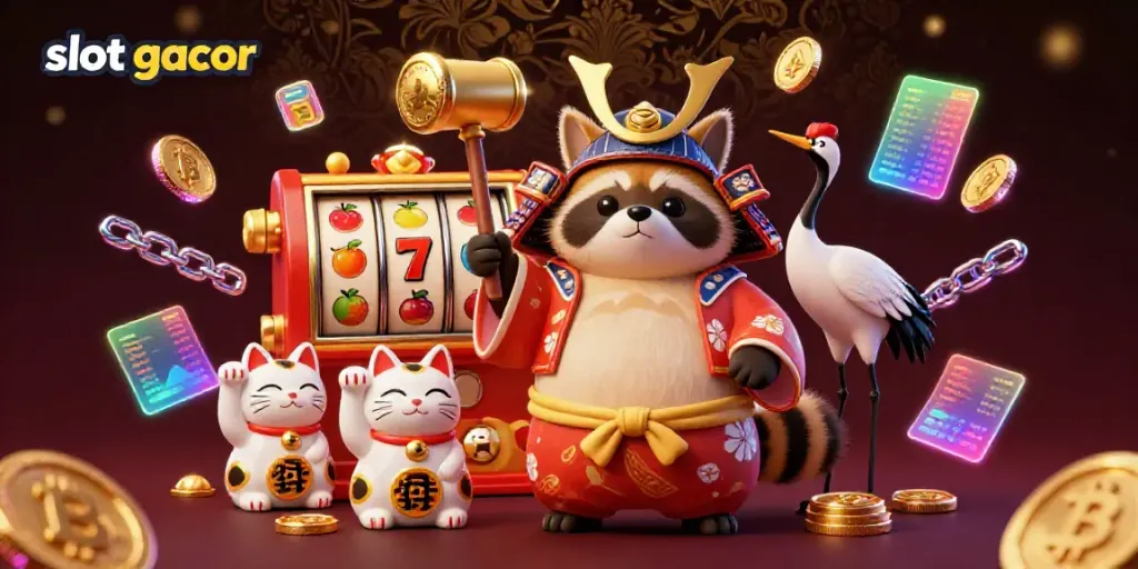 Engage in slot gacor gameplay with a vibrant tanuki character and colorful fortune cats for luck.