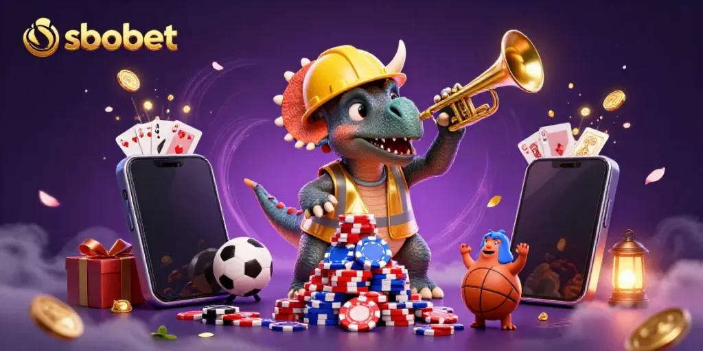A vibrant, animated scene showcasing sbobet sports betting, featuring a triceratops building poker chips, emphasizing competitive gaming.