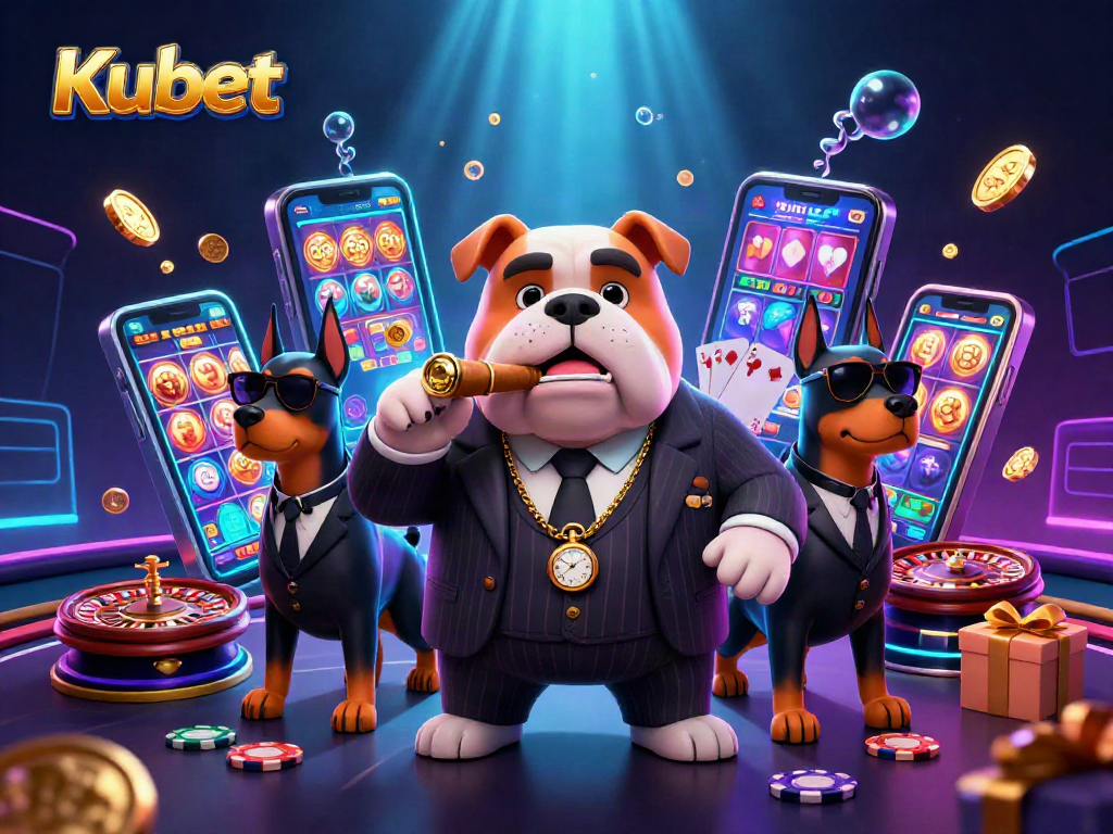 Kubet casino scene with bulldog mafia boss and Doberman bodyguards amidst vibrant slot games and casino elements.