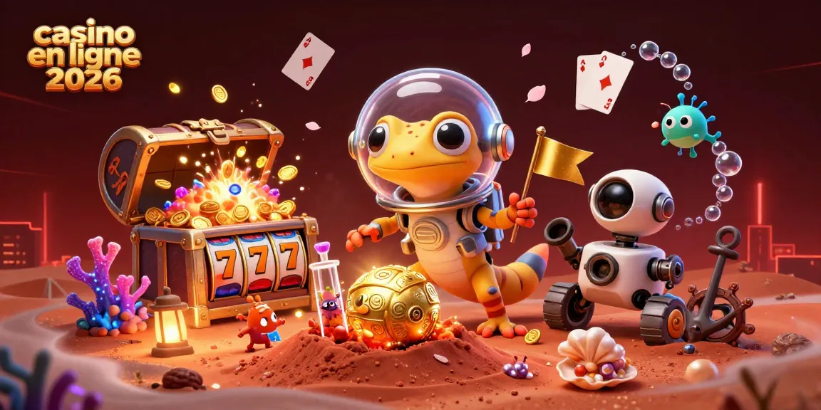 Illustration dynamique du casino en ligne 2026, mettant en scène un gecko martien et des éléments de jeu variés.