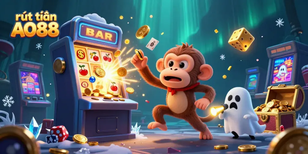 Experience fun and excitement rút tiền AO88 with a playful scene depicting a ghost-hunter puppy tracking a mischievous monkey in a casino.