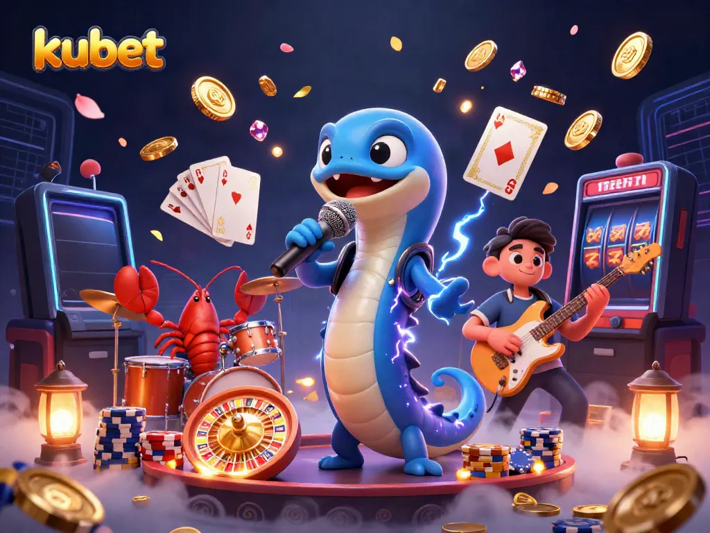 Kubet's underwater casino scene showcases an electric eel DJ and friends performing amidst golden coins and jumping poker chips.