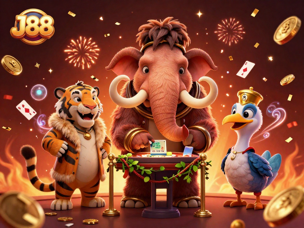 Experience the excitement of J88 with animated casino characters in a vibrant, dynamic scene.