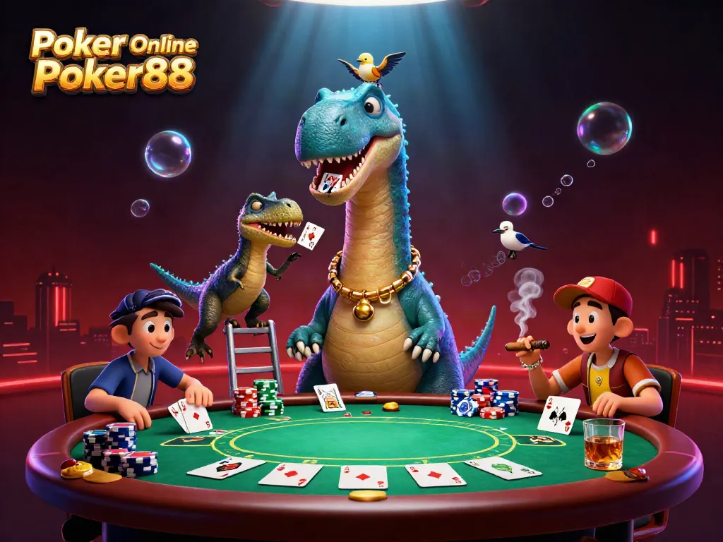 Experience thrilling poker play at Poker Online Poker88 with a dramatic 3D casino scene featuring unique characters.