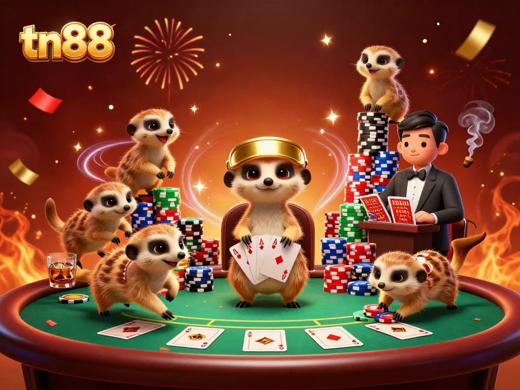 Engage in thrilling action at the tn88 casino with playful meerkats managing a lively poker scene.