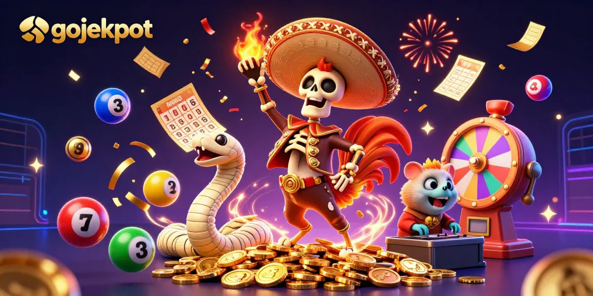Engage with gojekpot's vibrant gaming scene featuring lottery balls, golden prizes, and animated characters.