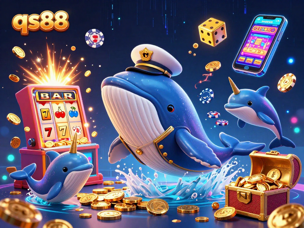 Win big at qs88 with playful dolphins and a jackpot-bursting whale in a vibrant casino scene.