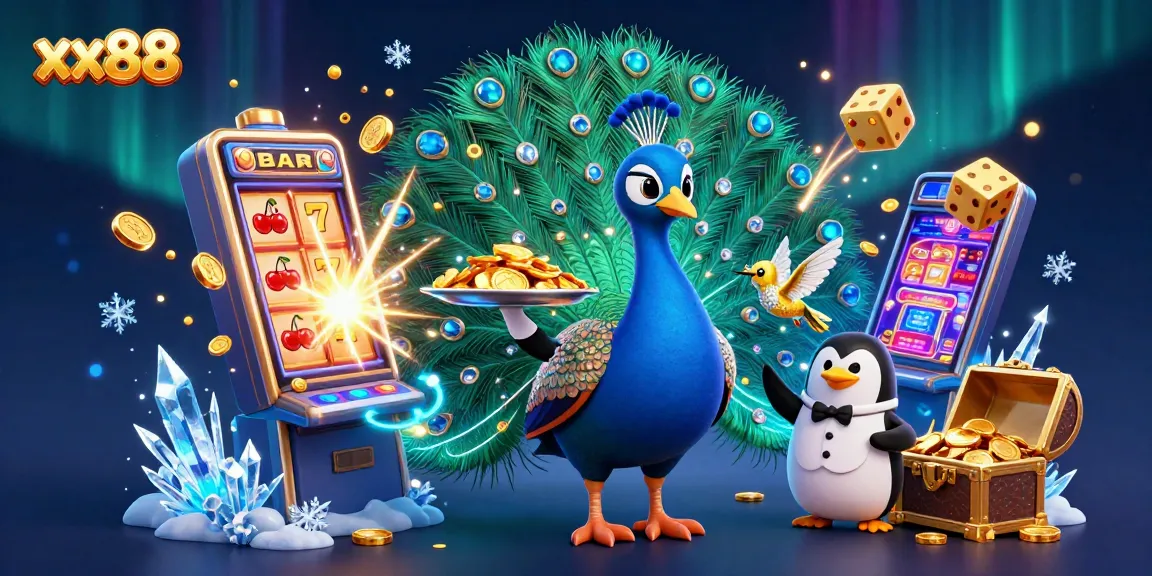 Experience winning thrills at xx88 with a dazzling jackpot scene featuring a peacock and penguin.