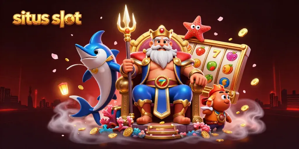 Menggandakan peluang kemenangan di situs slot, ilustrasi karakter 3D raja laut dengan elemen mesin slot dan jackpot.