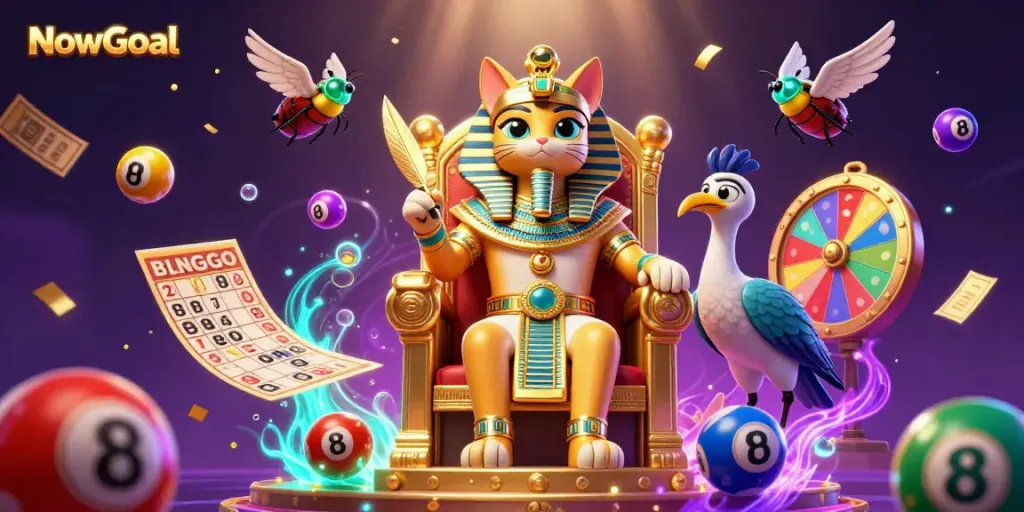 NowGoal brings excitement with a pharaoh cat amidst lottery elements and energetic visuals in this vibrant gambling scene.