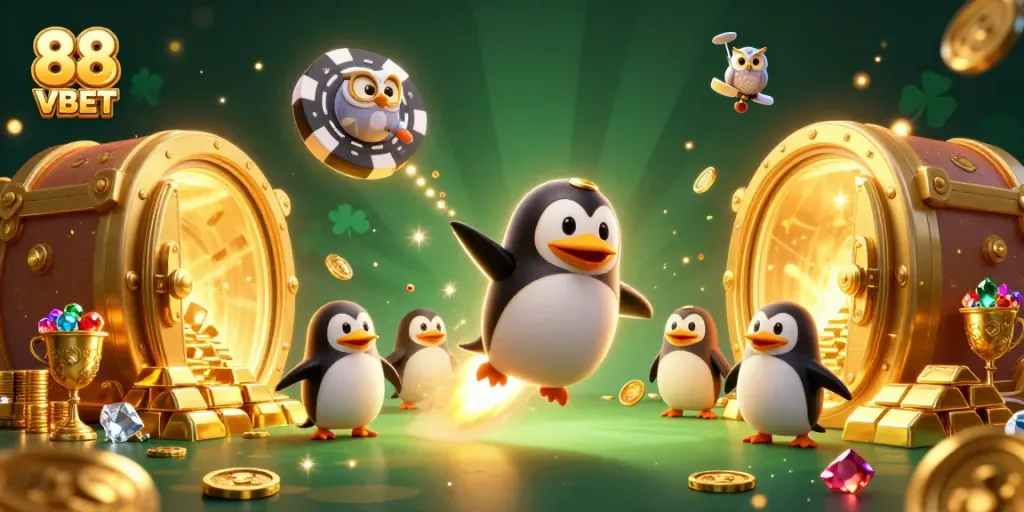 Experience thrilling gameplay at 88 VBET with a golden penguin soaring through a vibrant casino universe.