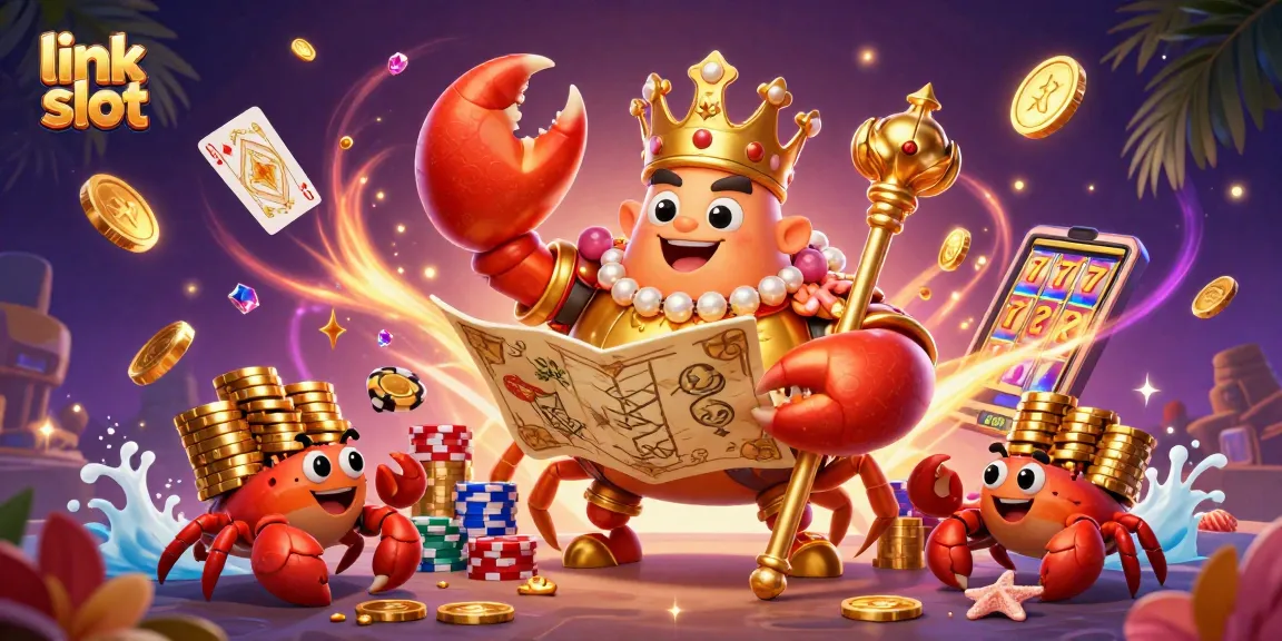 Enjoy a vibrant link slot scene with a golden crab emperor amidst flying coins and gems.