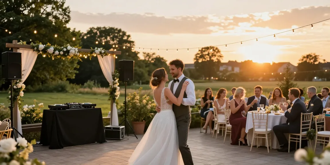Hochzeit DJ Brandenburg: Romantische Tanzszene bei Sonnenuntergang mit DJ und Gästen