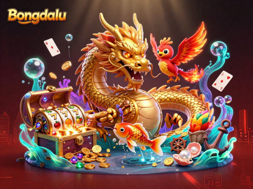 Bongdalu showcases a fierce dragon, phoenix, and koi fish amid vibrant slot game themes.