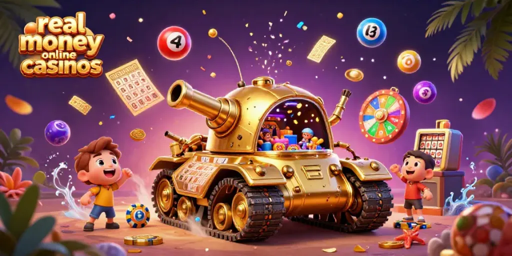 Engaging illustration of real money online casinos featuring a golden beetle tank with a miniature casino