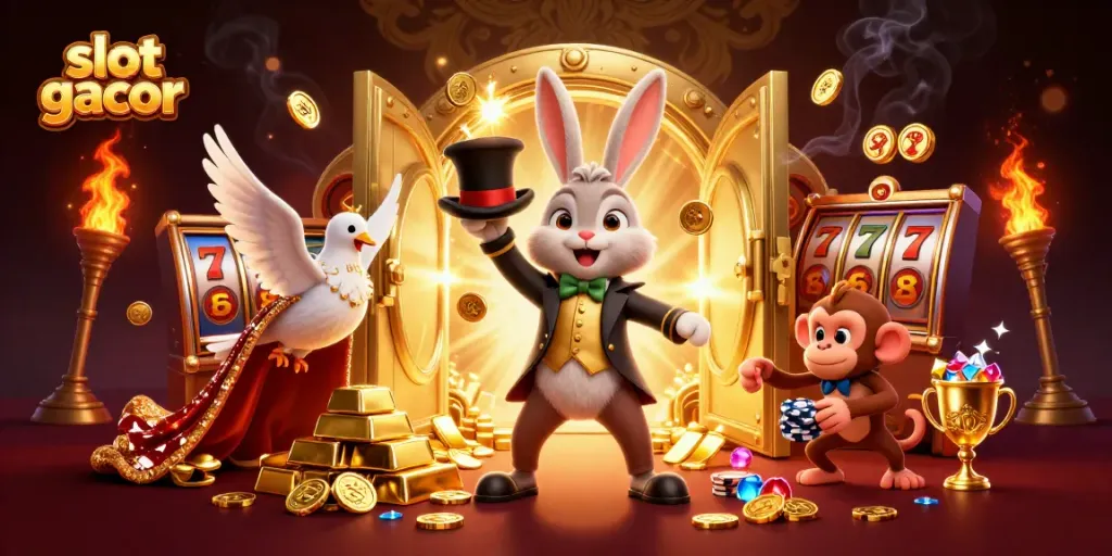 Experience slot gacor magic with a 3D cartoon magician rabbit pulling coins, surrounded by treasure.