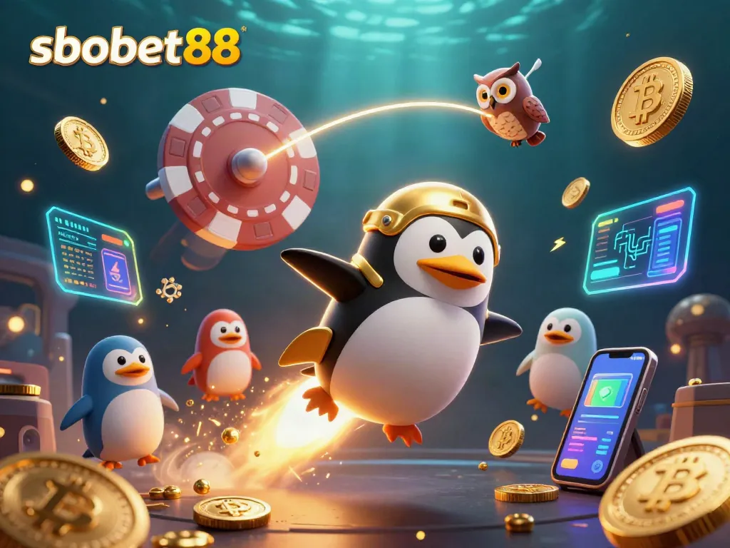 sbobet88 penguin and poker chip casino scene with crypto elements illustrating excitement and gameplay