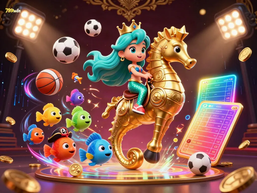 Experience thrilling wins at 789win with this vibrant illustration featuring a mermaid, seahorse, and dynamic sports elements.