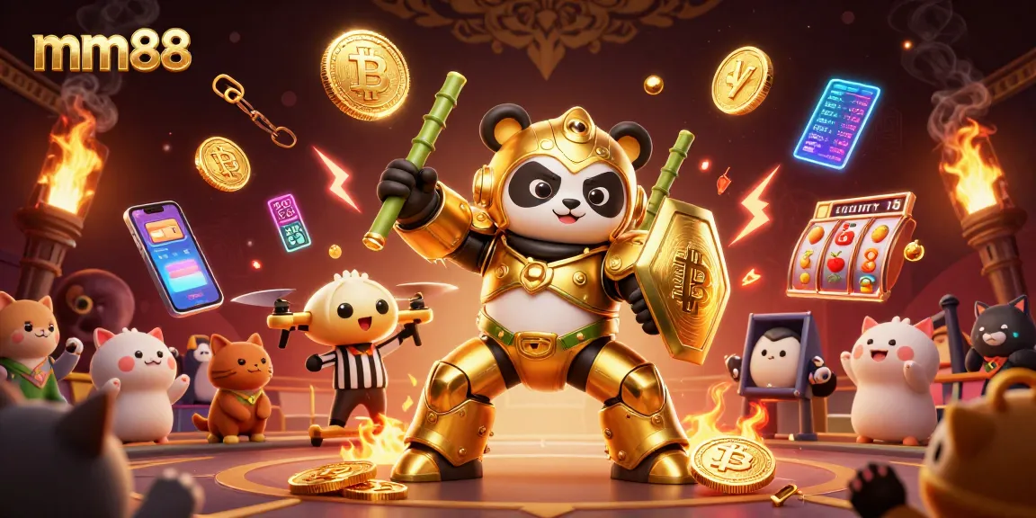 Engage in thrilling gaming at mm88 with a vibrant 3D illustration showcasing a mech-suit panda in a dynamic casino arena.