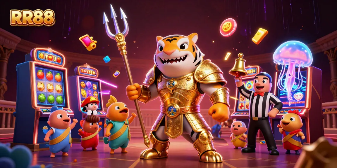 Engage with RR88's vibrant 3D slots scene featuring a golden armored shark and colorful game elements.