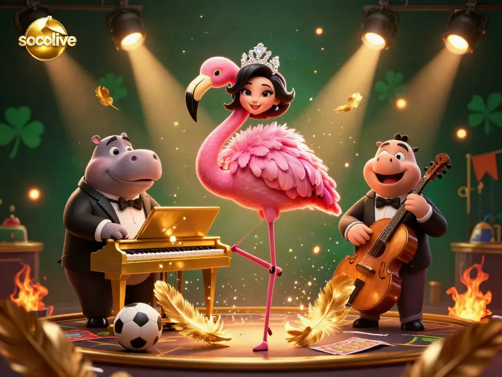 Socolive brings vibrant sports betting excitement to life with a lively flamingo singer and hippo bassist.