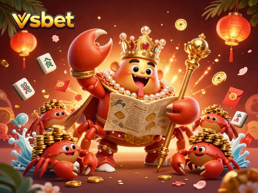 Engage in thrilling gameplay at vsbet with the golden crab emperor and his treasure map, enhanced by vibrant gambling elements.