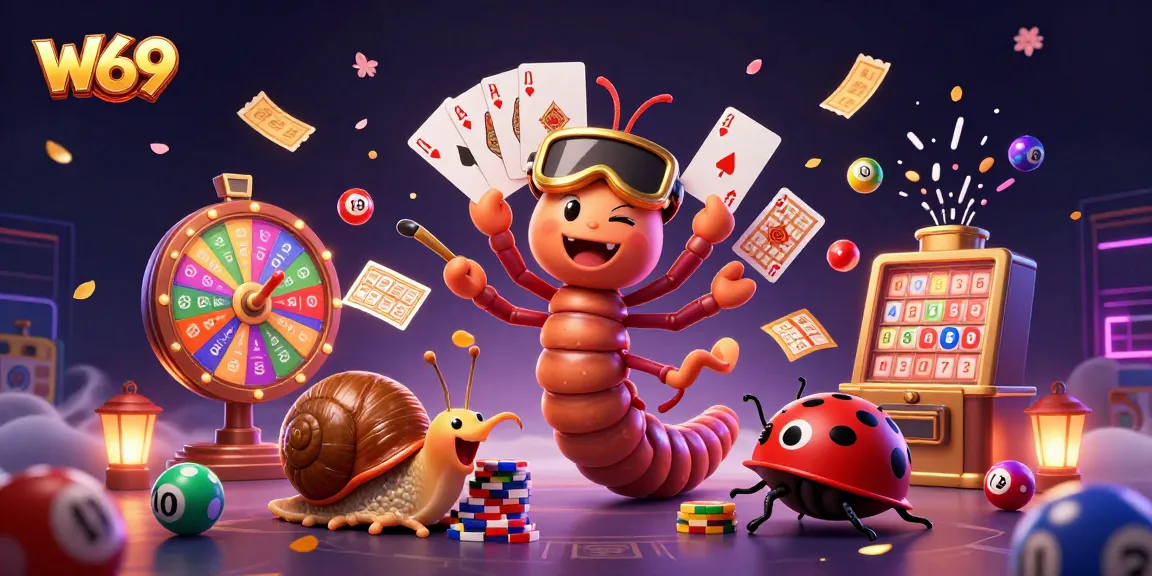 W69 casino featuring a dynamic scene with an energetic millipede dealer and games for thrilling gameplay.
