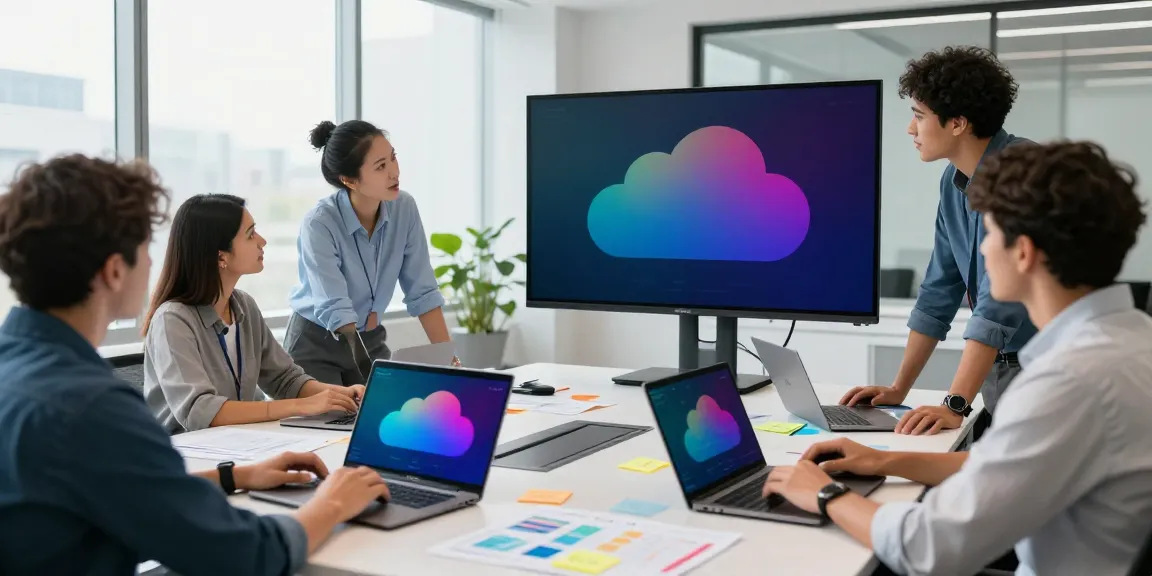 Team collaboration on azure cloud management services in modern office space, with laptops and charts.