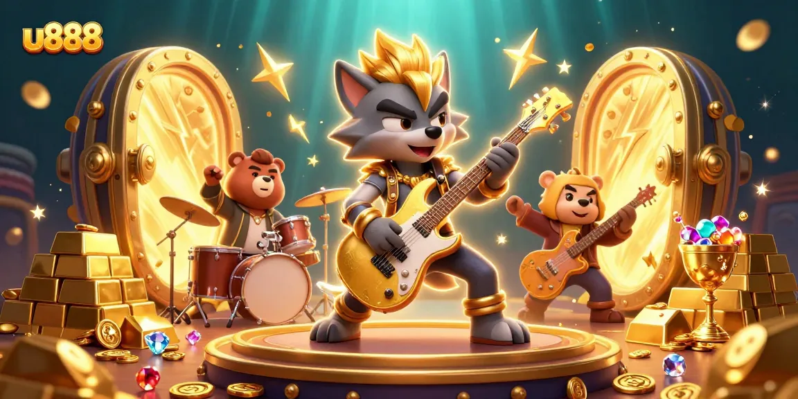 Experience excitement at u888 with a vibrant scene featuring a rock star wolf and treasures of the casino.