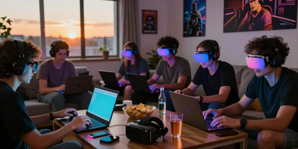 Engaging gaming community in living room, showcasing rokok88 login experience and vibrant atmosphere.