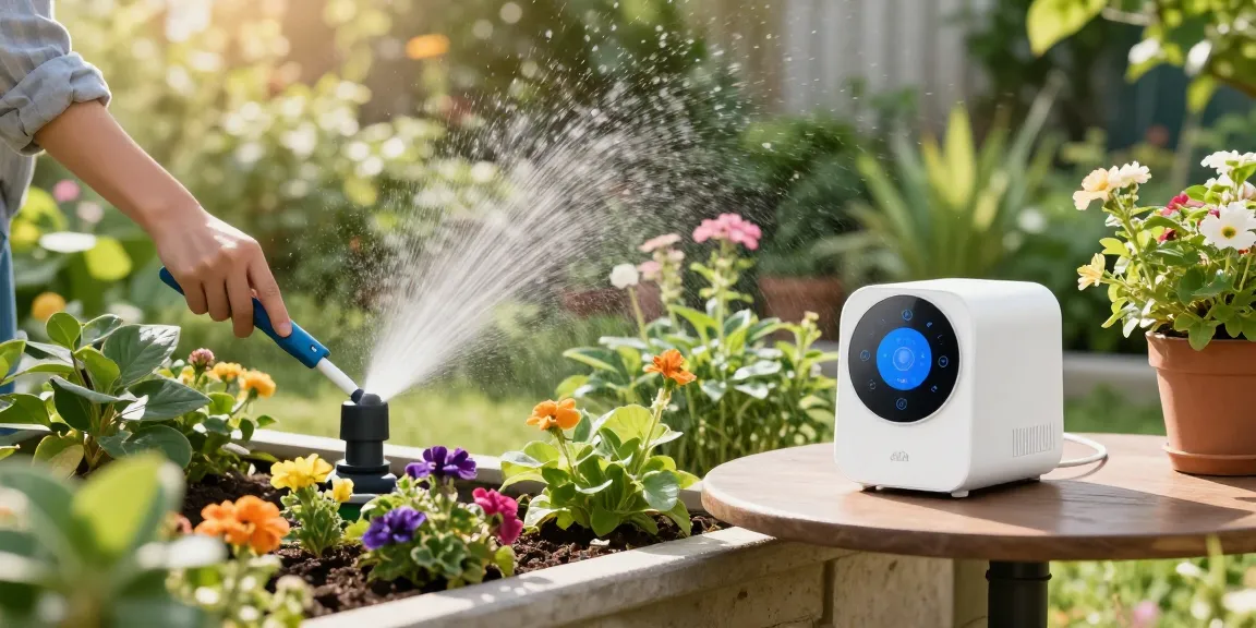 Smart sprinkler system efficiently watering a vibrant home garden filled with flowers and greenery.