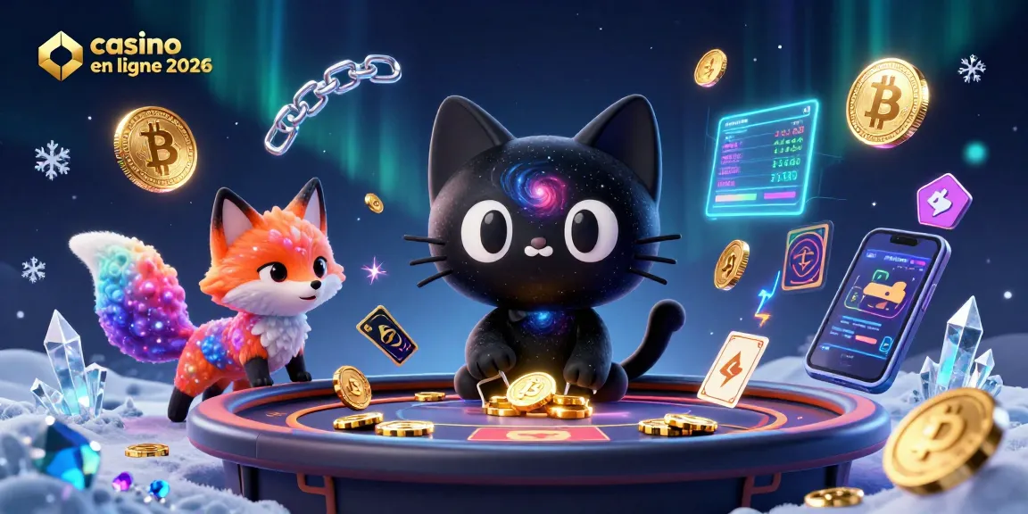 Profitez du casino en ligne 2026 avec un chat noir gravitationnel et une renarde nébuleuse au centre d'une scène de casino dynamique.