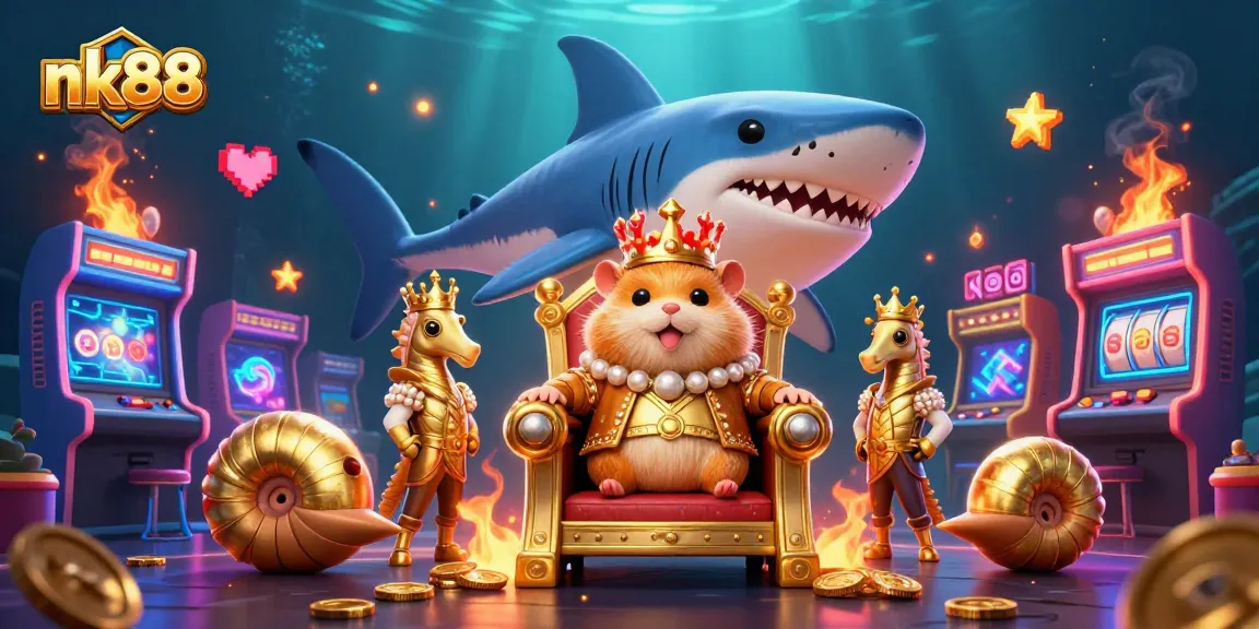 Experience thrilling gameplay at nk88 with a golden hamster king in a vibrant online casino scene.