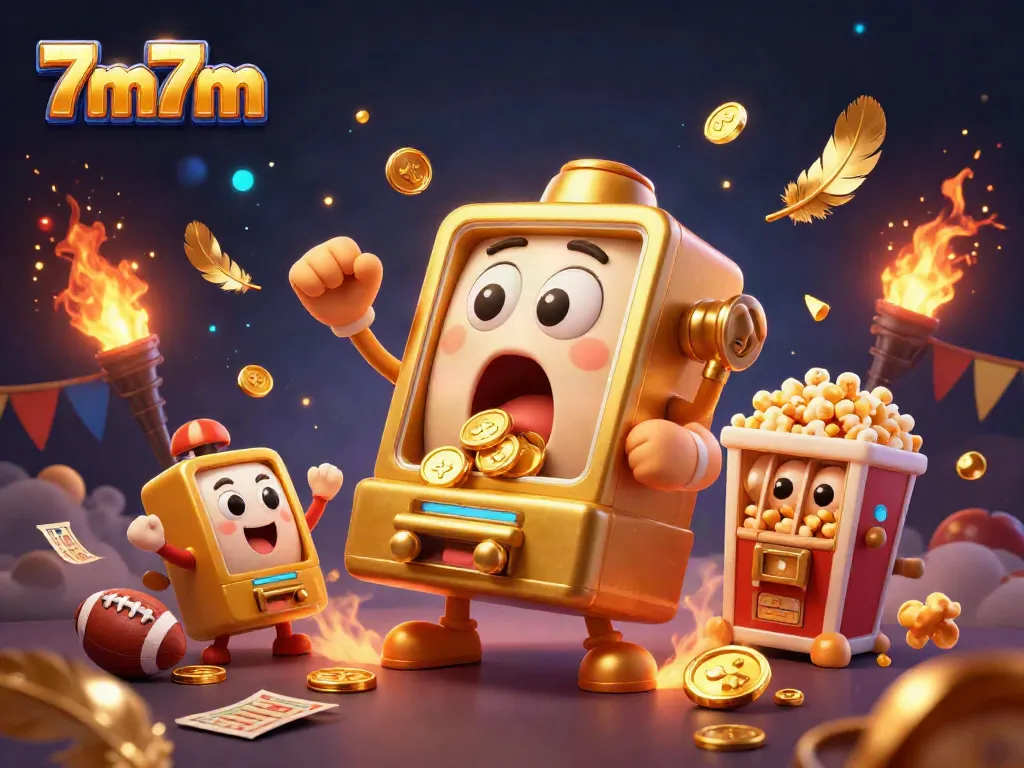 Experience the thrill of 7m7m with a golden slot machine winning a jackpot amidst cheering characters.