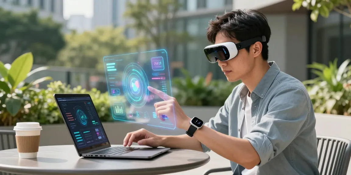 Young professional using AI wearables in an innovative outdoor workspace with holographic UI elements.