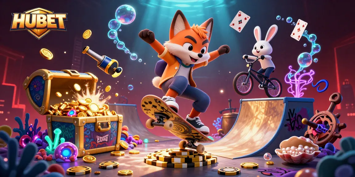 HUBET delivers thrilling gameplay with colorful casino elements swirling around dynamic characters.