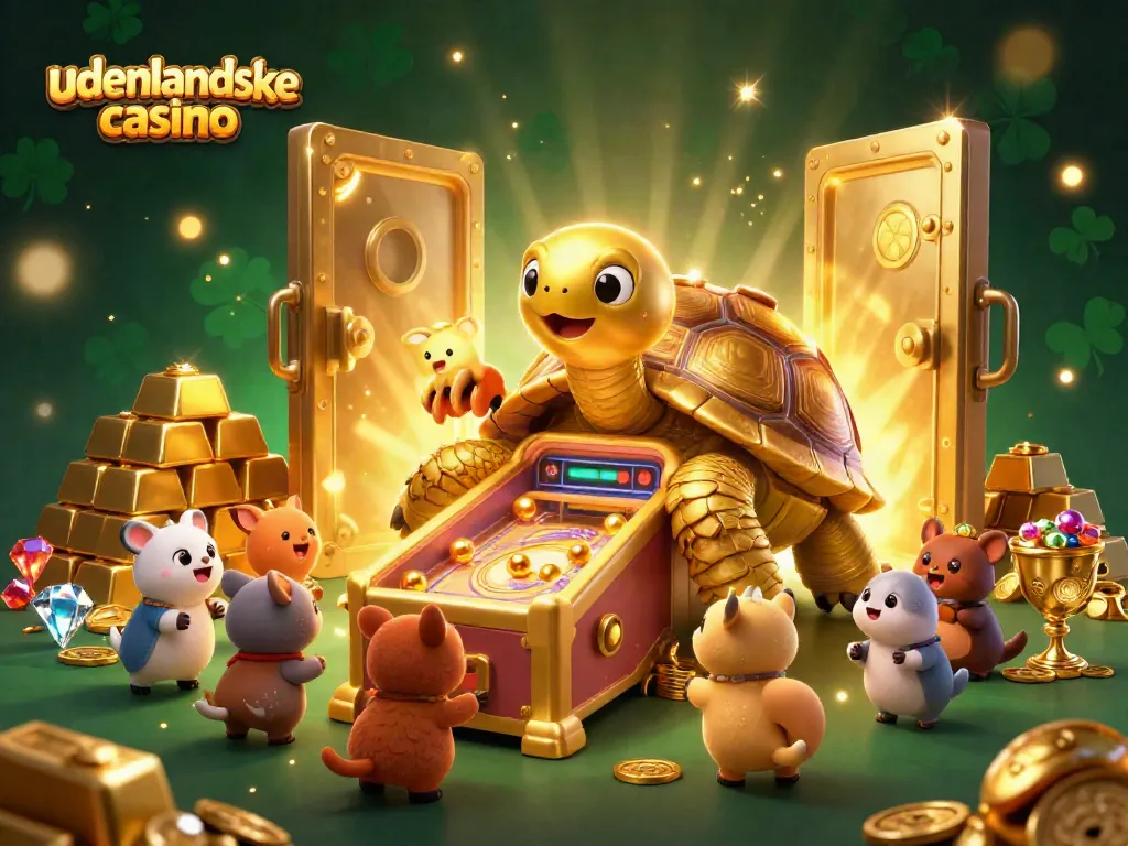 Experience the excitement of udenlandske casino with a dynamic 3D illustration featuring a gold tortoise and shimmering treasures.