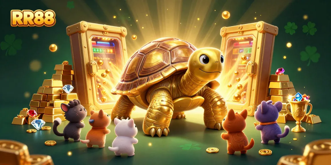 Play thrilling games at RR88, experiencing an exuberant scene with golden treasures and a colossal tortoise!