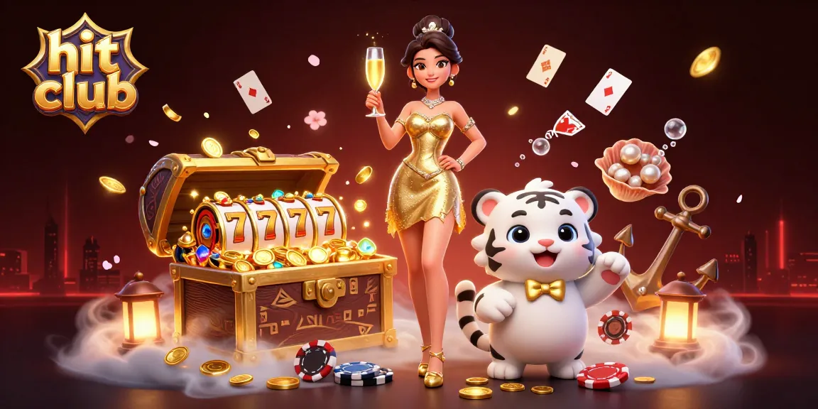 Hit club celebrates winning moments with vibrant slot reels, gold coins, and charming characters.