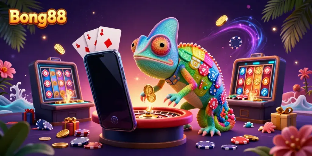 Experience Bong88 with a vibrant 3D chameleon casino owner amidst colorful gaming elements.