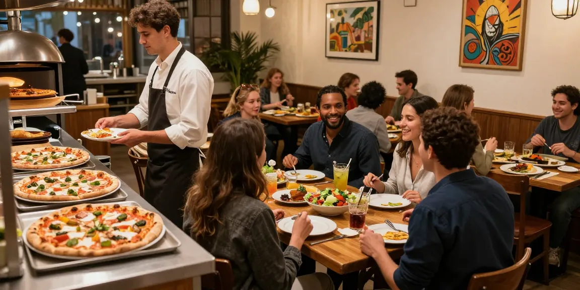 Exciting restaurant scene highlighting a bonus new member enjoying delicious pizzas and warm hospitality.