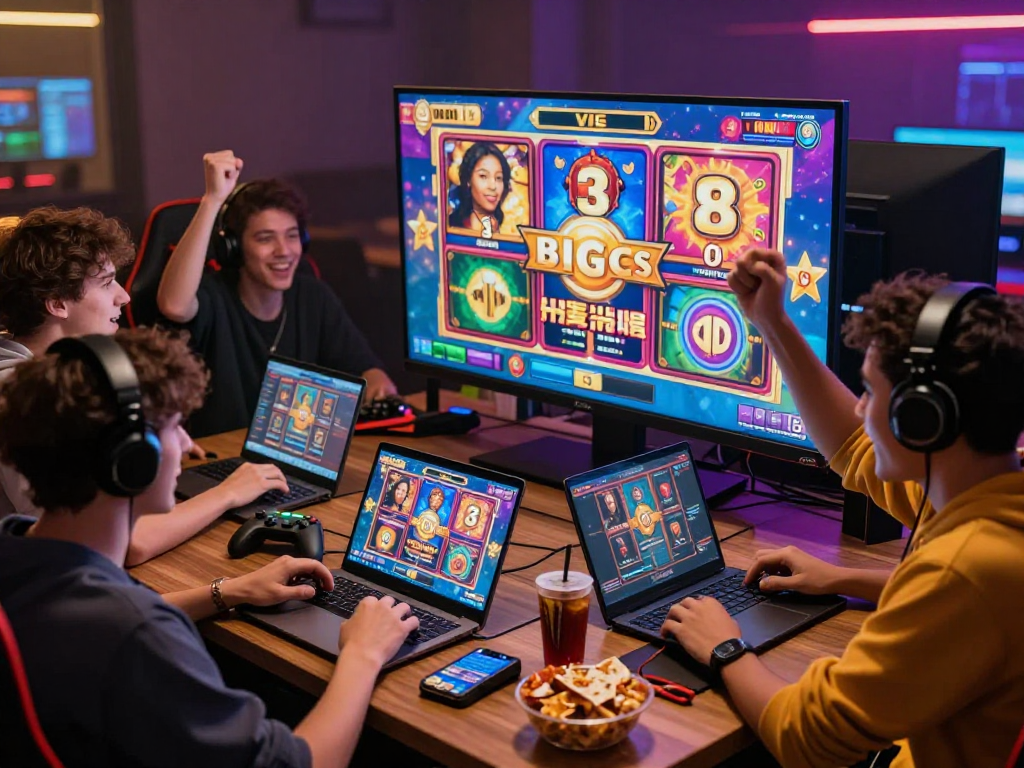 Young adults enjoying gacor slot games in a lively gaming atmosphere
