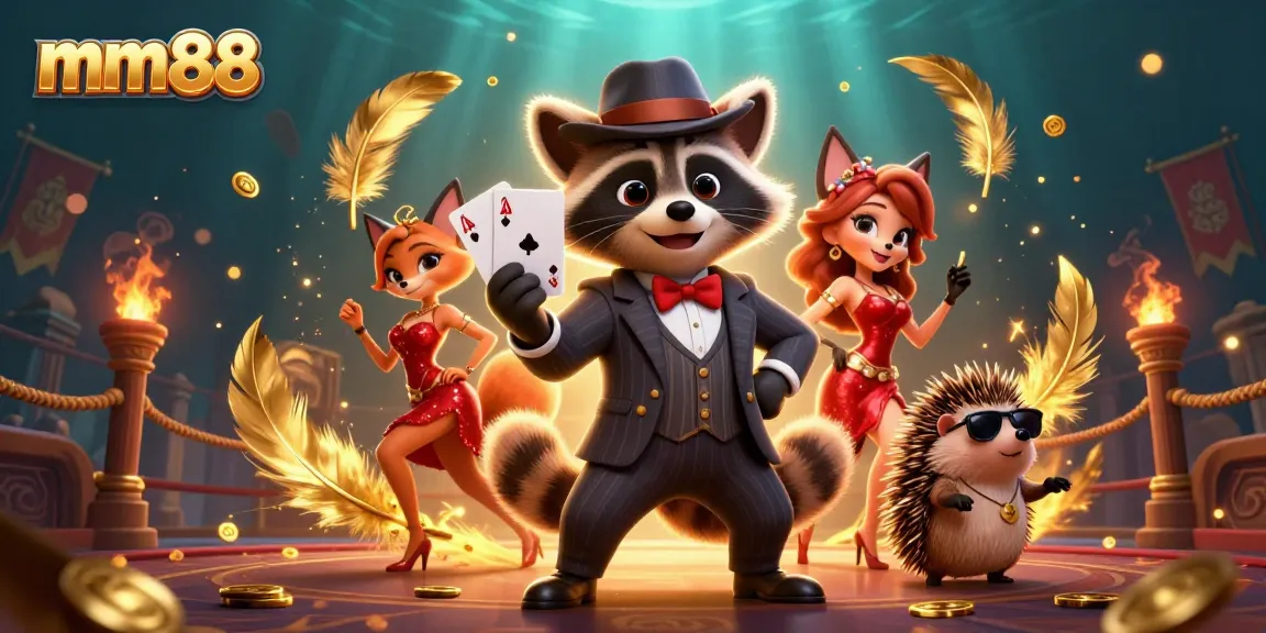 Experience thrilling gaming with mm88 as a raccoon holds a royal flush surrounded by vibrant casino elements.