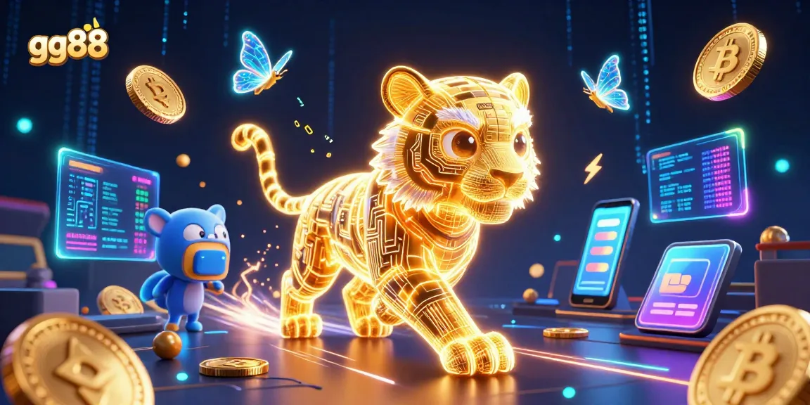 Experience thrilling gaming with gg88 as a luminous golden tiger navigates a digital casino.