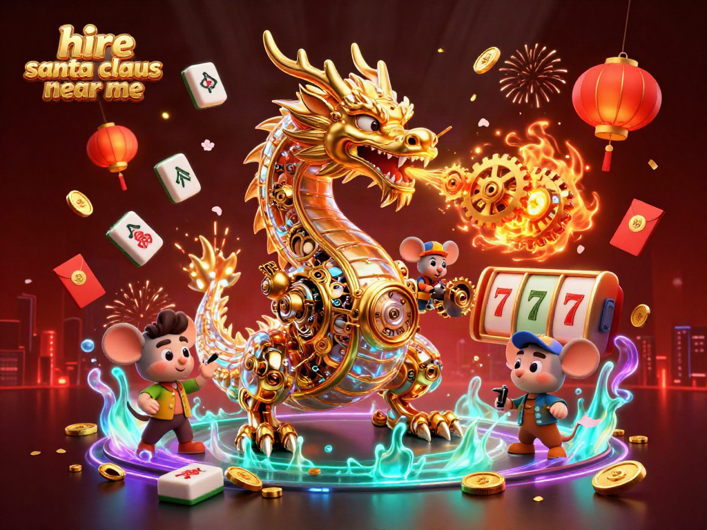 Experience the thrill as you hire Santa Claus near me in a dynamic casino-themed festive illustration.